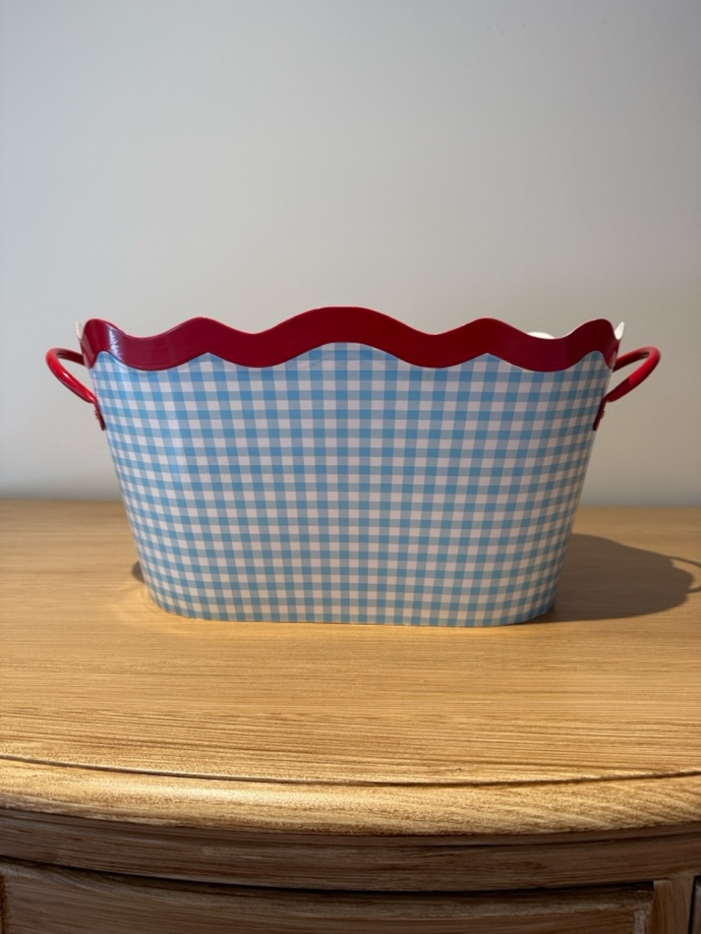 Blue Gingham Metal Bucket with Red Trim - Home Accents